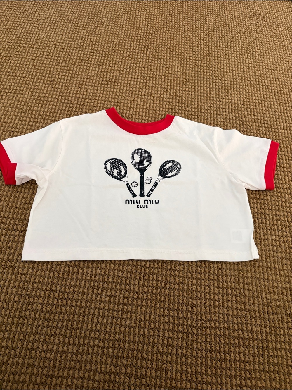 Miu Miu White Tee with Red Trim and Tennis Graphic
